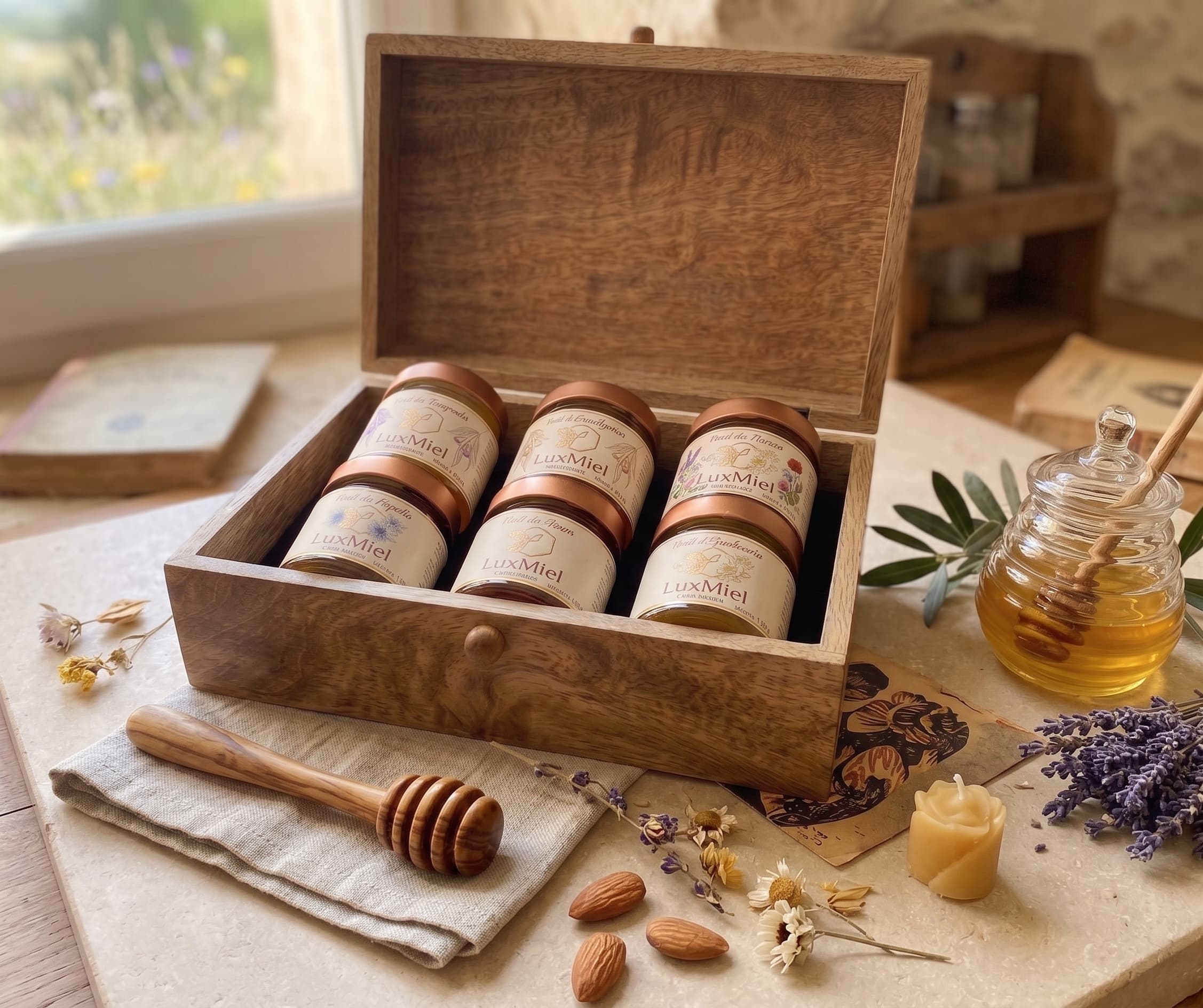 Coffret cadeau LuxMiel garni de pots de miel
